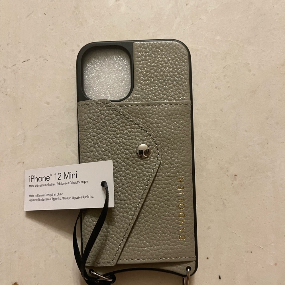 Bandolier khaki silver leather iPhone 12 mini case nwt